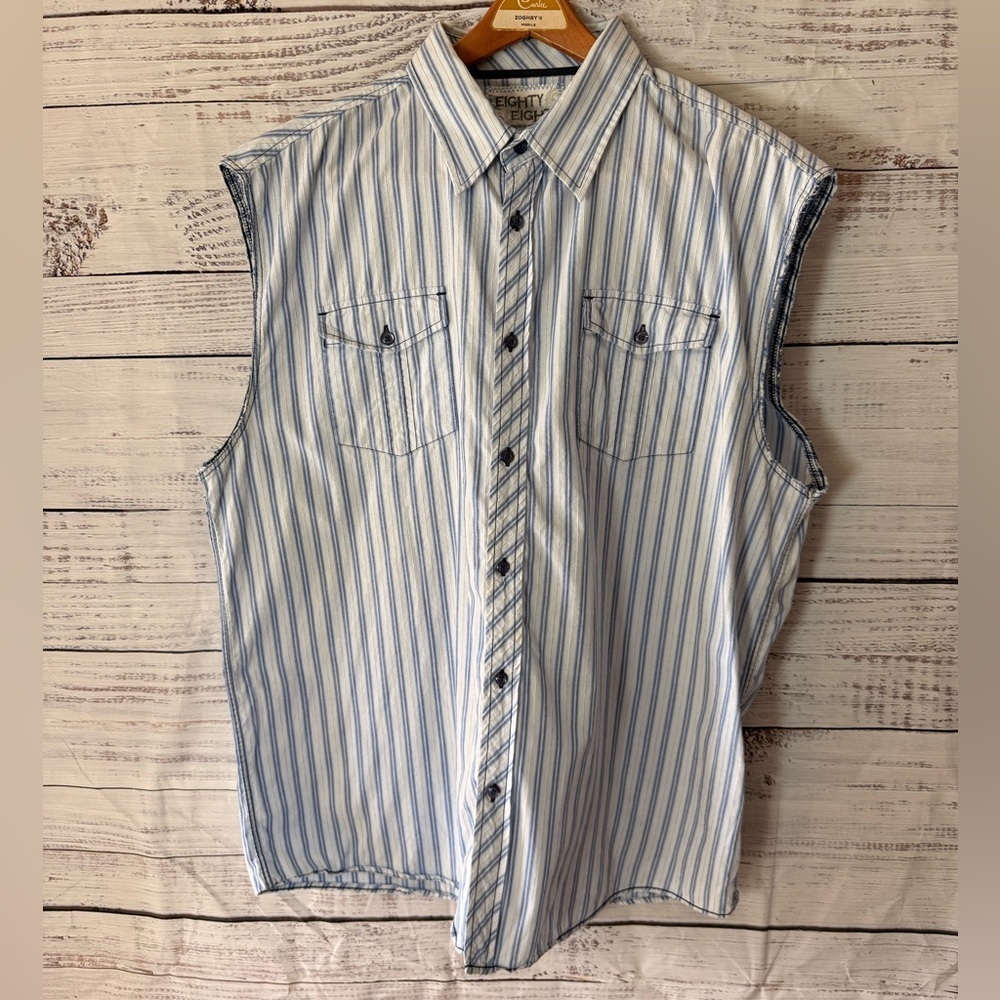 Eighty Eight Blue and White Striped Sleeveless Shirt Trucker Style